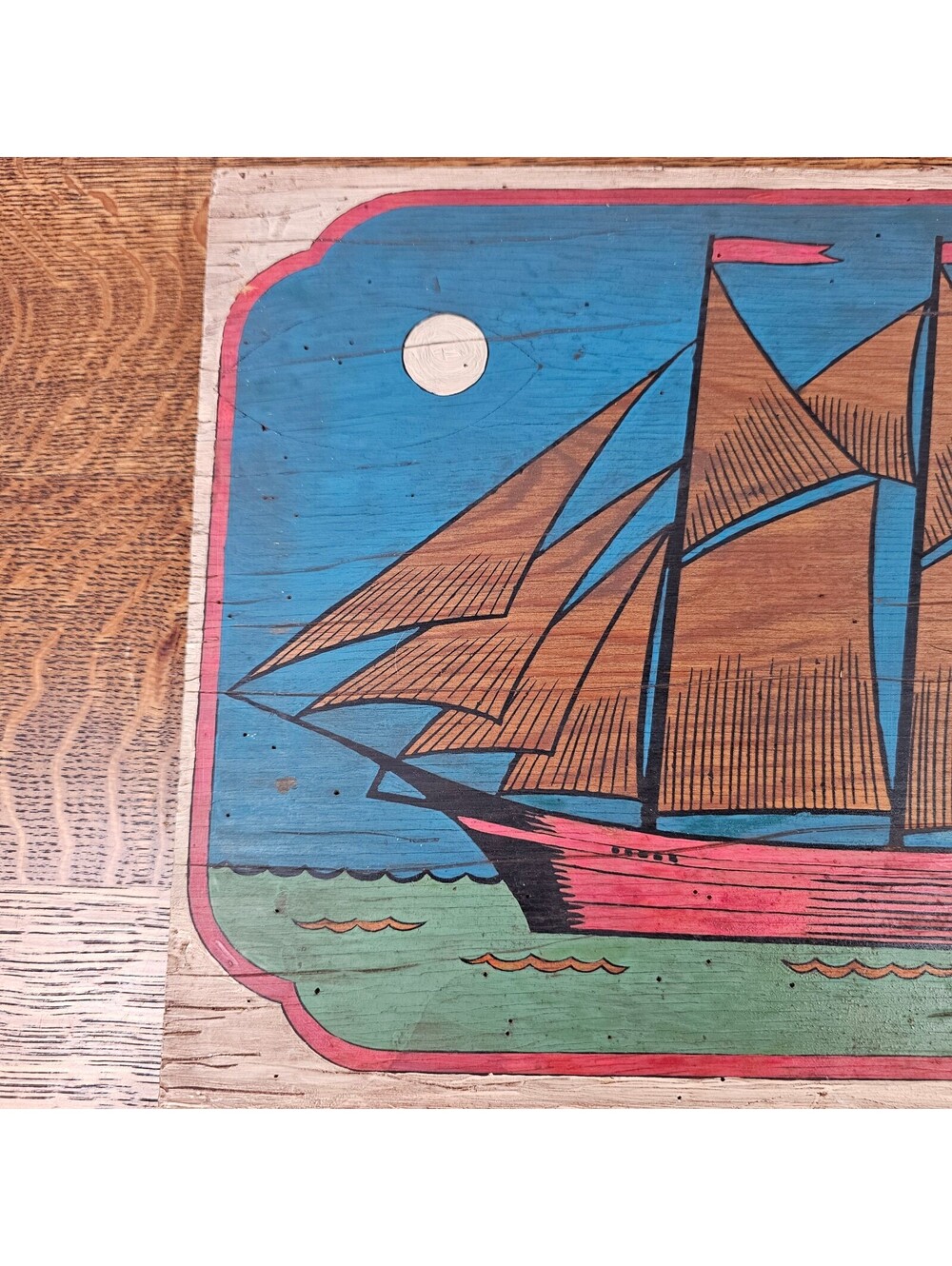 Vintage Folk Art Tall Ship Painted Wood Panel Nautical Wall Hanging 16x12 - Picture 2 of 13